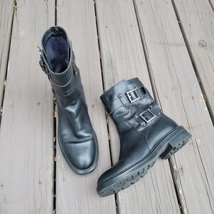 Aquatalia Weatherproof Black Leather Double Buckle Strap Moto Biker Combat Boots